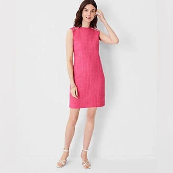 Ann Taylor Pink Tweed Shoulder Button Sheath Dress Sz 8 - Picture 1 of 8
